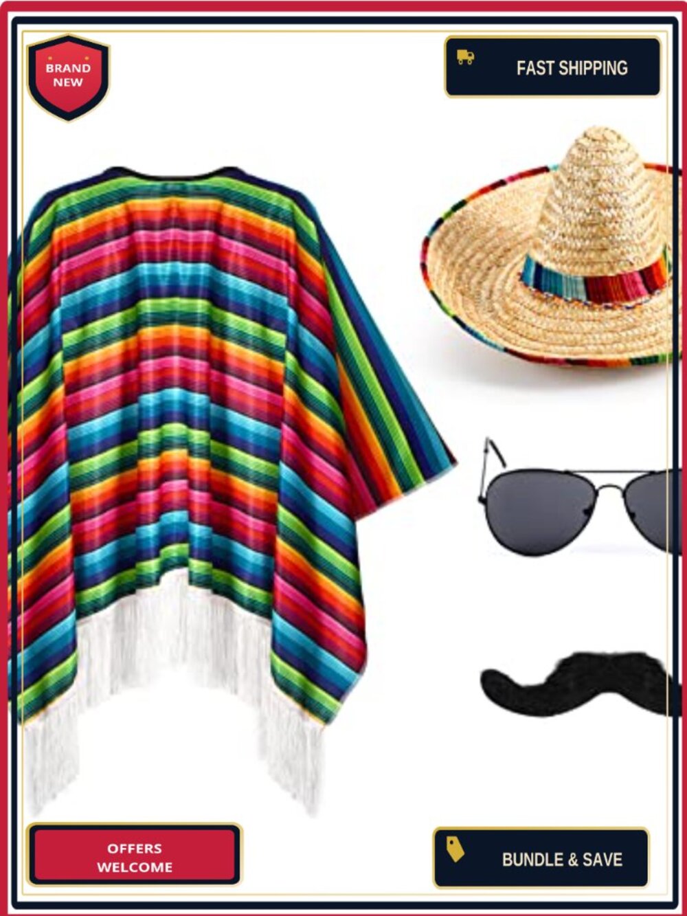 Mexican Sombrero Poncho Costume Set Serape Fiesta Accessories